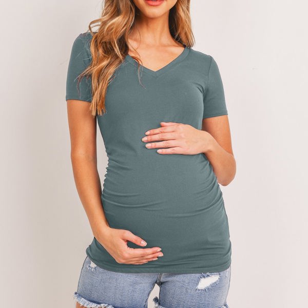 Hello Miz Short Sleeve V-Neck Maternity Tee with Ruched Side, Sea Blue