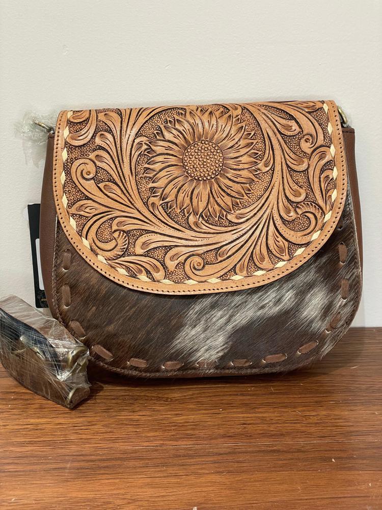 American Darling ADBGA211A Tooled Leather Hair on Hide Crossbody Purse, Brown