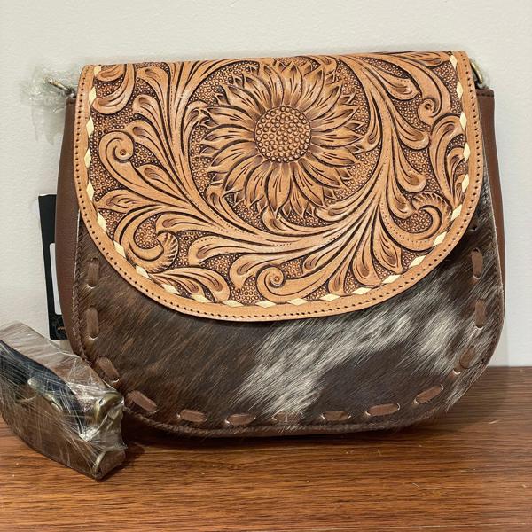 American Darling ADBGA211A Tooled Leather Hair on Hide Crossbody Purse, Brown