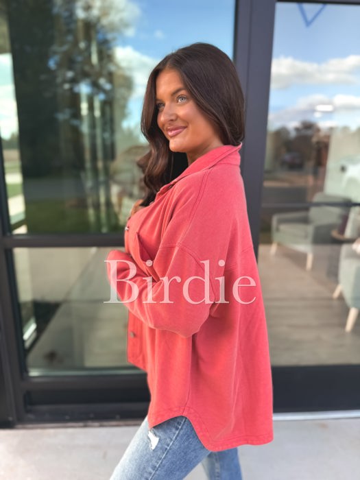 Birdie French Terry Shacket in Coral Red