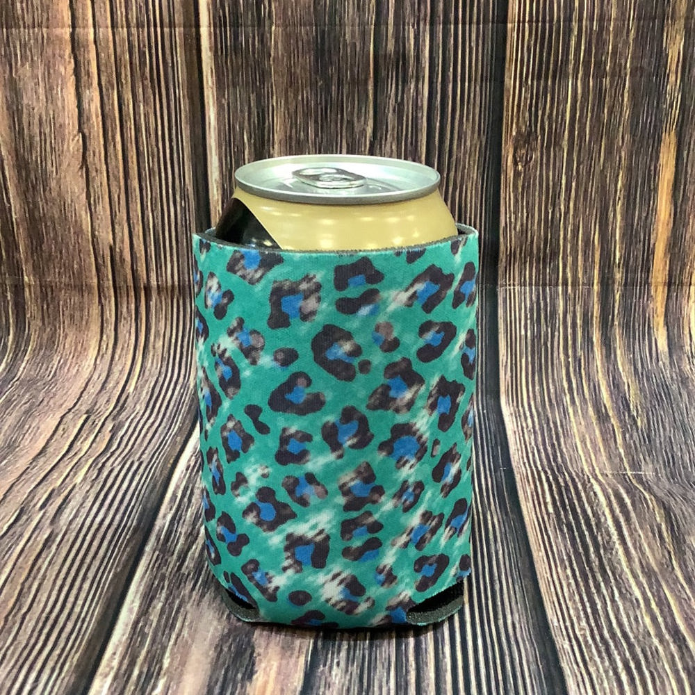 The Swanky Blossom Regular Can Cooler, Teal Leopard