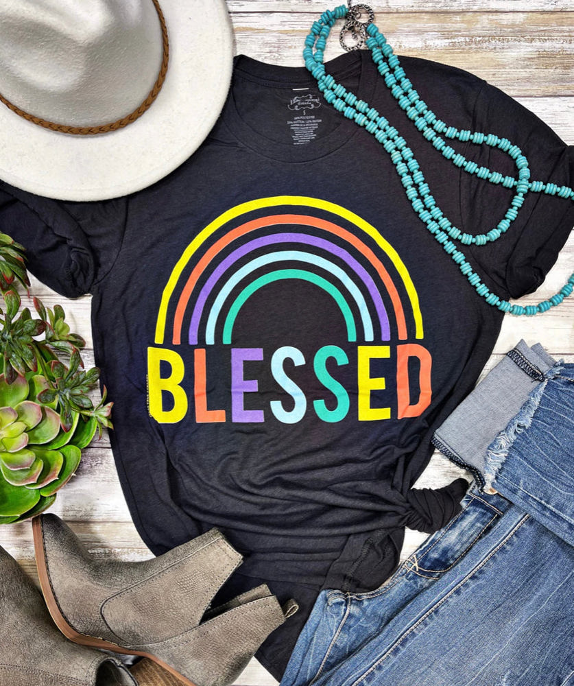 Texas True Threads "Blessed" Rainbow Tee, Charcoal 