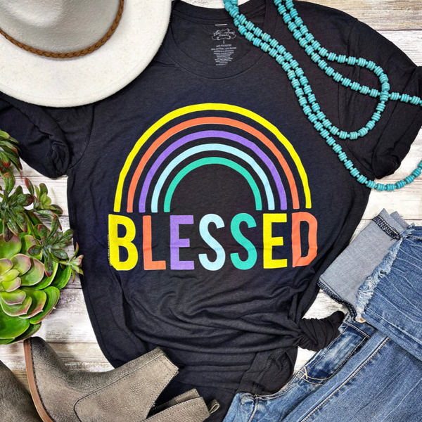 Texas True Threads "Blessed" Rainbow Tee, Charcoal 