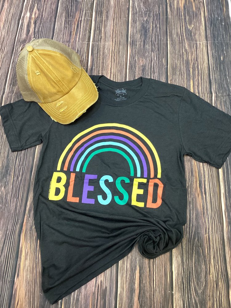 Texas True Threads "Blessed" Rainbow Tee, Charcoal 