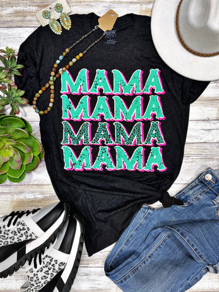 Texas True Threads Leopard "Mama" Repeat Tee, Charcoal 