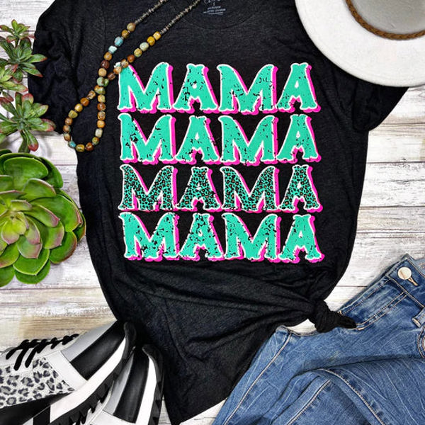 Texas True Threads Leopard "Mama" Repeat Tee, Charcoal 