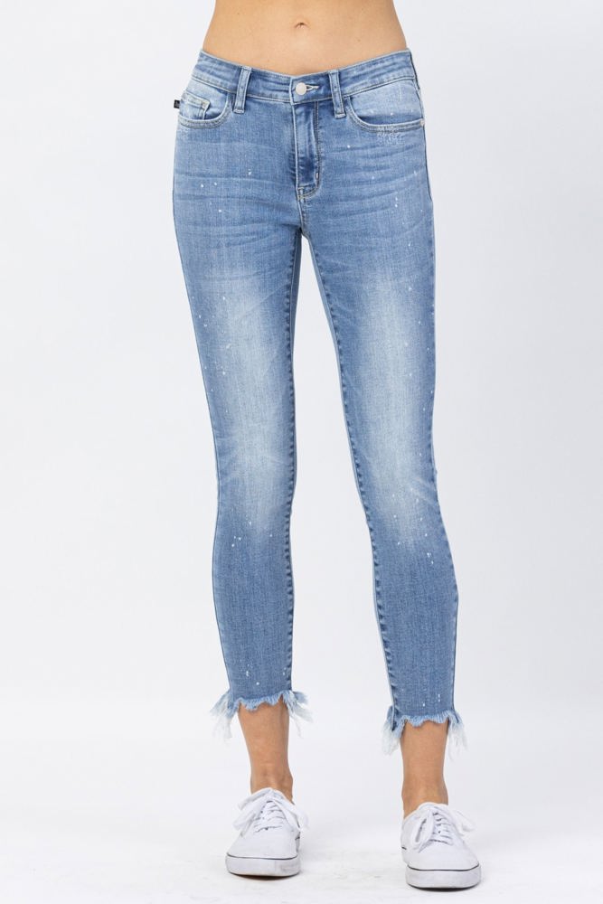 Judy Blue Mid Rise Bleach Splash Shark Bite Hem Skinny Denim 82373