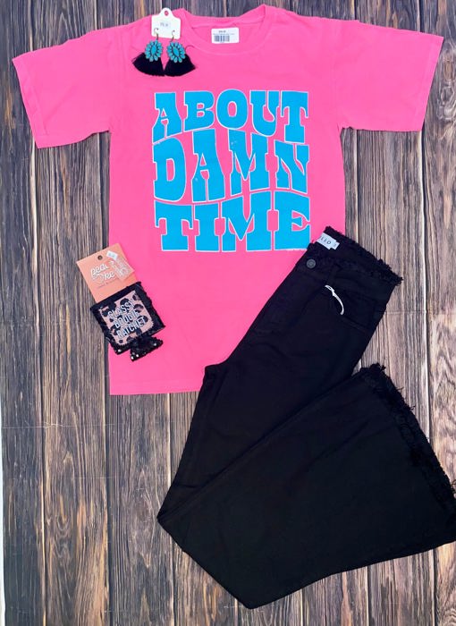 Texas True Threads Comfort Colors "About Damn Time" Tee, Pink & Aqua 