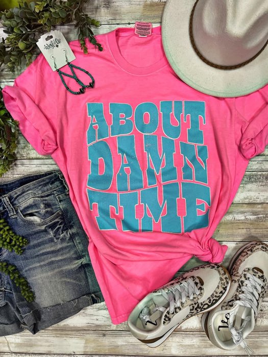 Texas True Threads Comfort Colors "About Damn Time" Tee, Pink & Aqua 