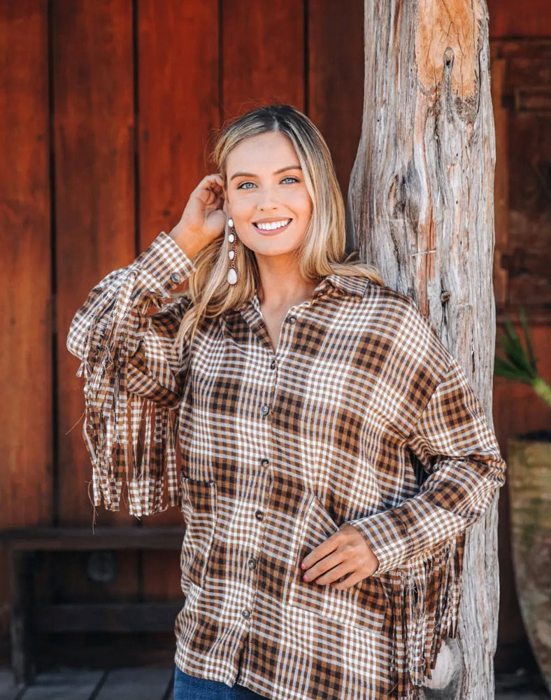 Southern Grace Woodland Escape Long Sleeve Flannel, Brown Plaid & Fringe