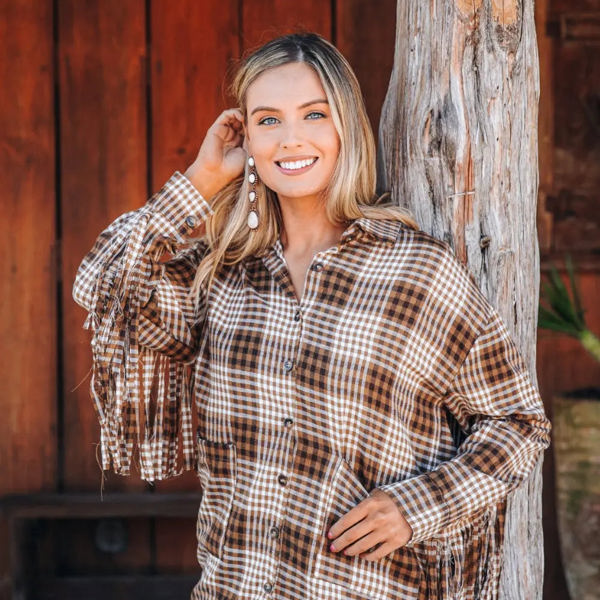 Southern Grace Woodland Escape Long Sleeve Flannel, Brown Plaid & Fringe