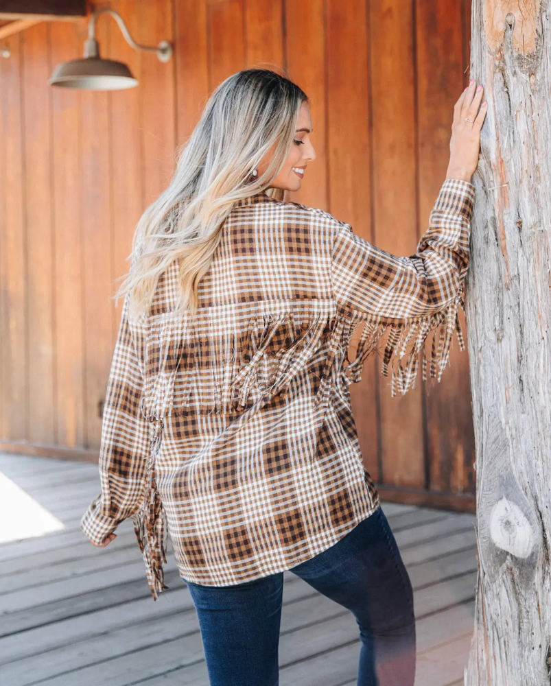 Southern Grace Woodland Escape Long Sleeve Flannel, Brown Plaid & Fringe