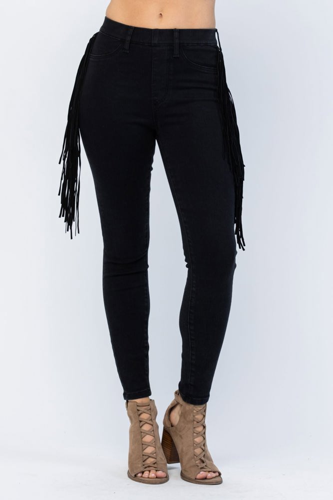 Judy Blue High Waist Side Fringe Skinny Jegging Denim 88497, Black