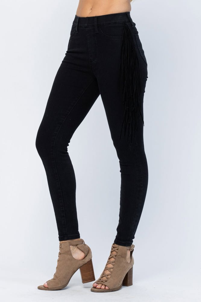 Judy Blue High Waist Side Fringe Skinny Jegging Denim 88497, Black