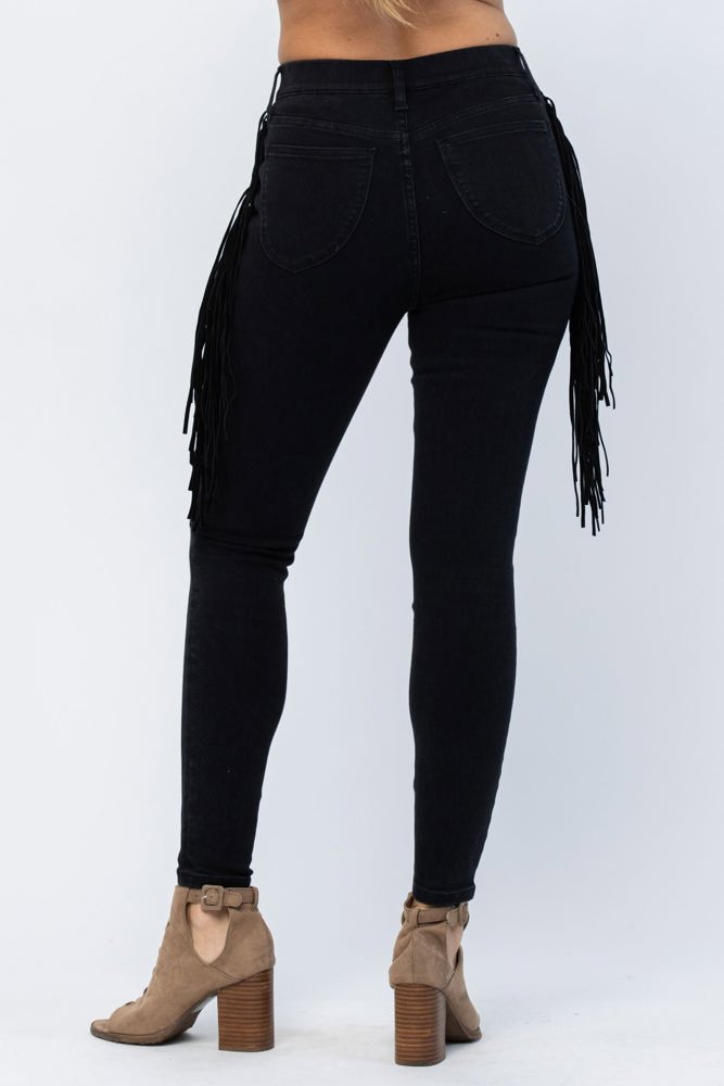 Judy Blue High Waist Side Fringe Skinny Jegging Denim 88497, Black