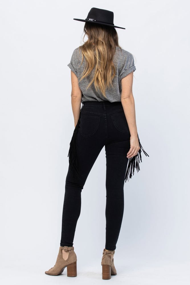 Judy Blue High Waist Side Fringe Skinny Jegging Denim 88497, Black