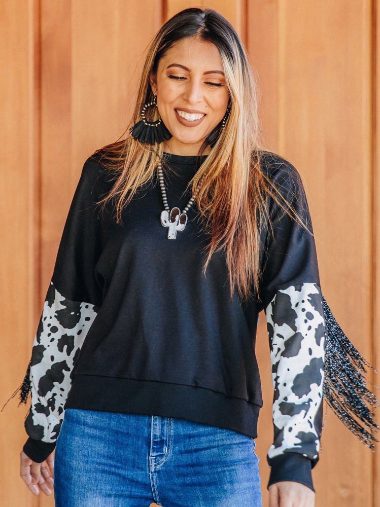 Southern Grace Midnight Rodeo Long Sleeve Fringe Top, Black Cow