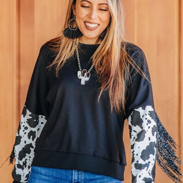 Southern Grace Midnight Rodeo Long Sleeve Fringe Top, Black Cow