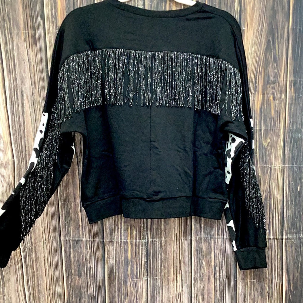 Southern Grace Midnight Rodeo Long Sleeve Fringe Top, Black Cow