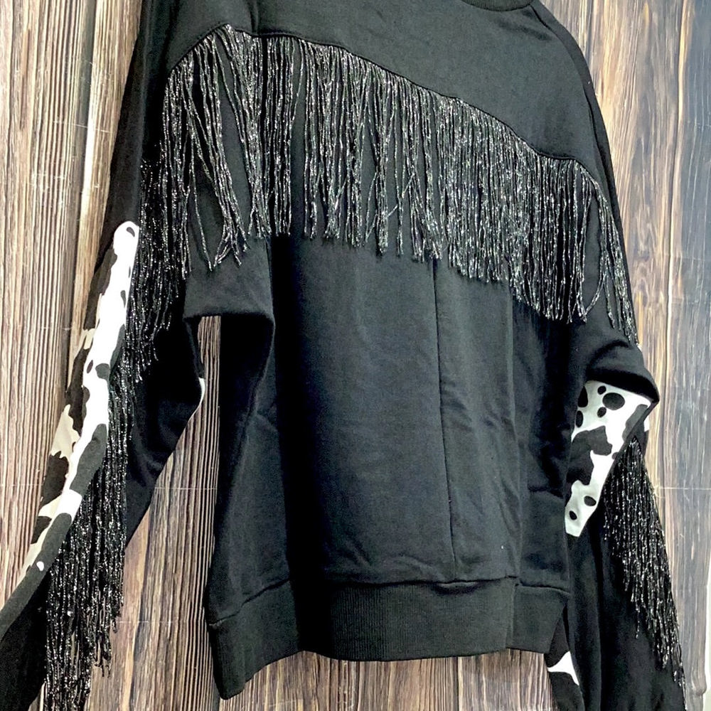 Southern Grace Midnight Rodeo Long Sleeve Fringe Top, Black Cow