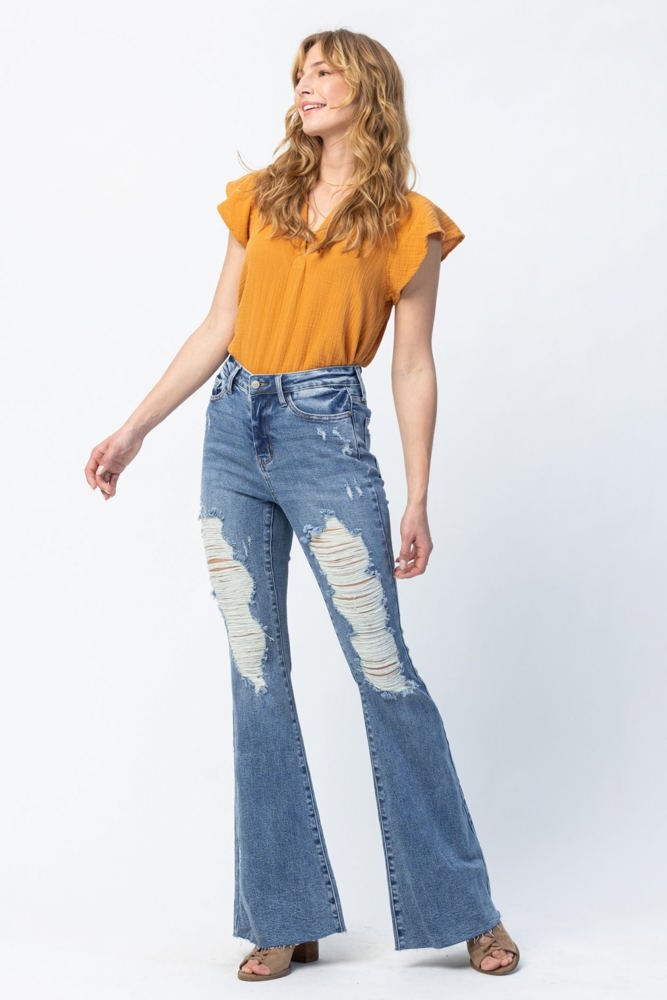 Judy Blue High Waist Heavy Destroy Flare Denim 88457