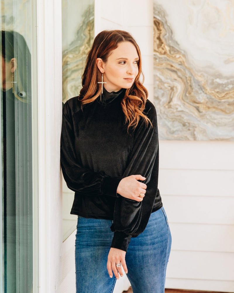 Southern Grace Love and Cherish Velvet Turtleneck Long Sleeve Top in Black