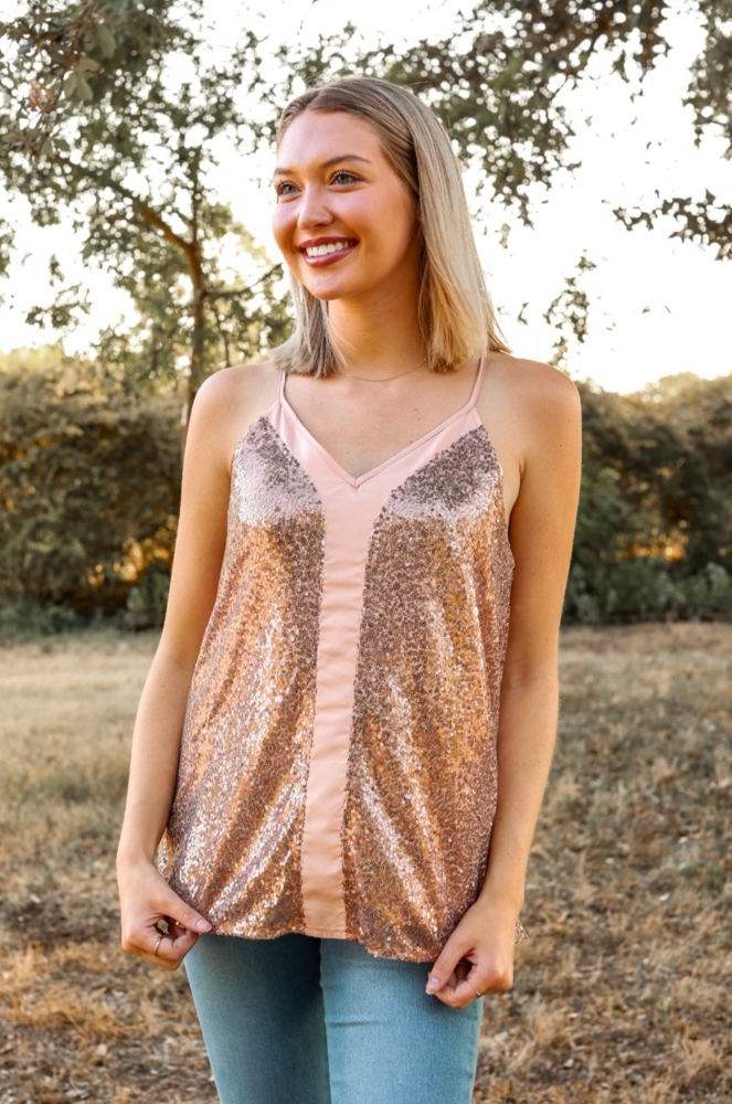 Southern Grace Stop The Show Sequin Tank Top in Rose Gold