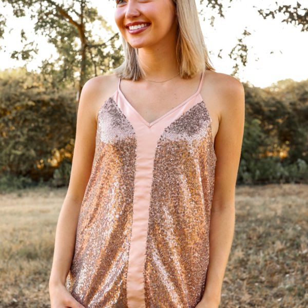 Southern Grace Stop The Show Sequin Tank Top in Rose Gold