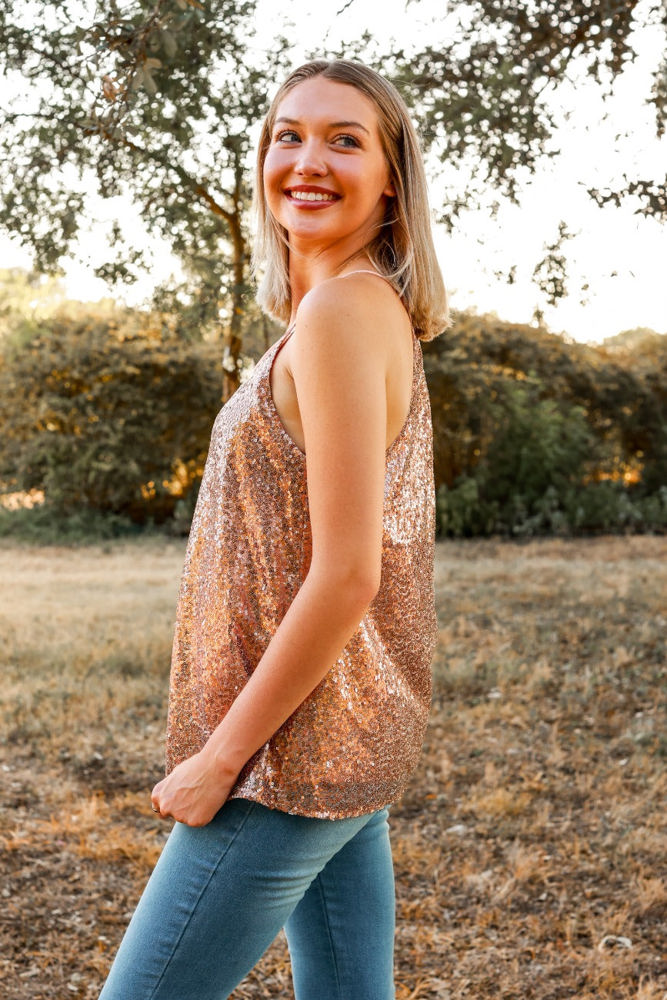 Southern Grace Stop The Show Sequin Tank Top in Rose Gold