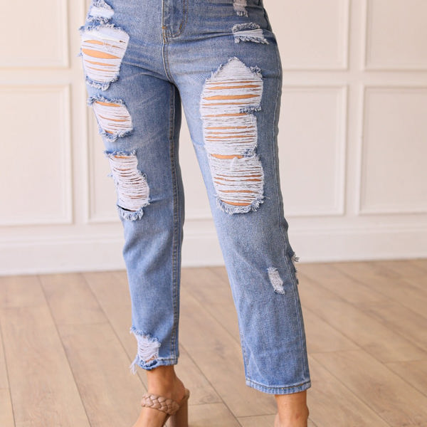 Southern Grace The Savannah Mid Rise Straight Fit Distressed Denim