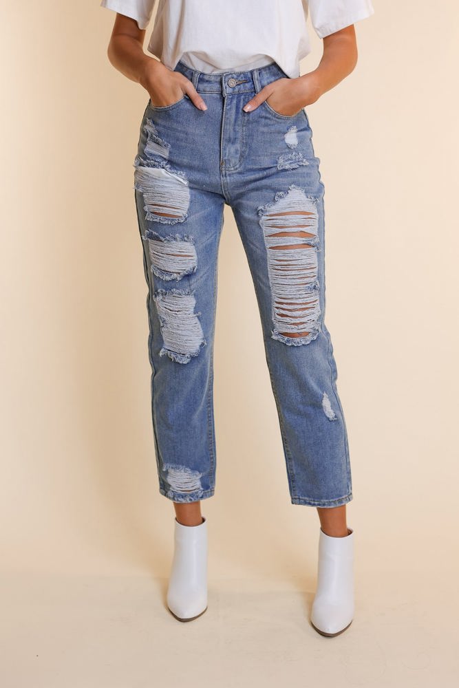 Southern Grace The Savannah Mid Rise Straight Fit Distressed Denim