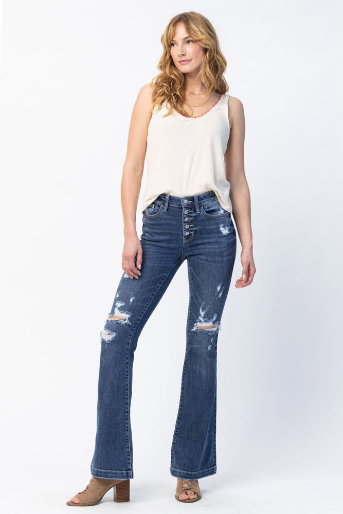 Judy Blue Mid Rise Button Fly Flare Denim 82430