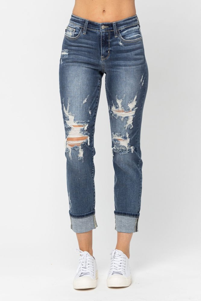 Judy Blue Mid-Rise Cuffed Destroyed Boyfriend Denim 82427