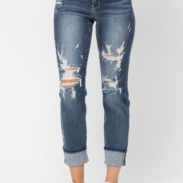 Judy Blue Mid-Rise Cuffed Destroyed Boyfriend Denim 82427