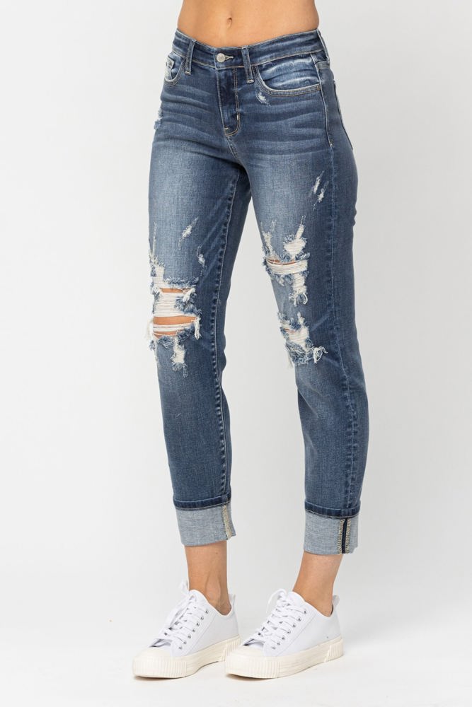 Judy Blue Mid-Rise Cuffed Destroyed Boyfriend Denim 82427 - Plus