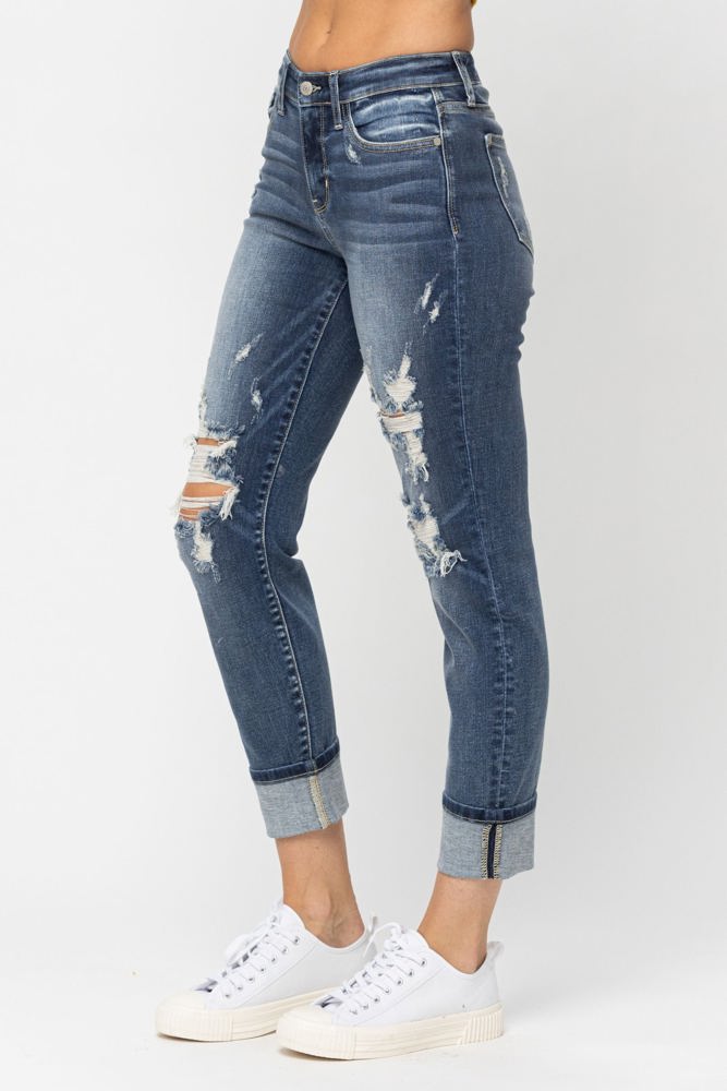 Judy Blue Mid-Rise Cuffed Destroyed Boyfriend Denim 82427 - Plus