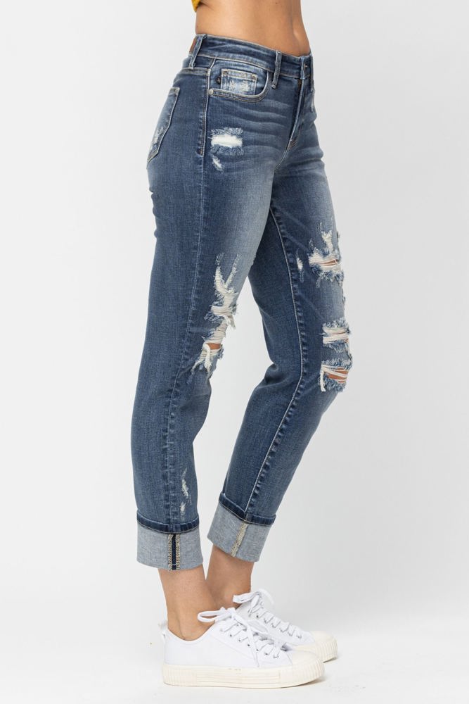 Judy Blue Mid-Rise Cuffed Destroyed Boyfriend Denim 82427 - Plus