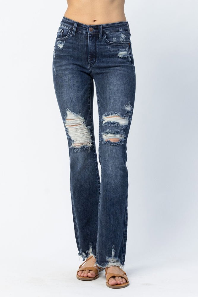 Judy Blue Mid Rise Contrast Destroy Slim Bootcut Denim 82426