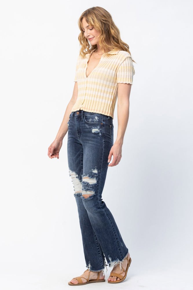 Judy Blue Mid Rise Contrast Destroy Slim Bootcut Denim 82426