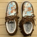  Gypsy Jazz "Mooma Fringe" Tan & Turquoise Slip-on Shoes