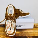  Gypsy Jazz "Mooma Fringe" Tan & Turquoise Slip-on Shoes