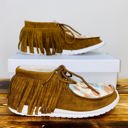  Gypsy Jazz "Mooma Fringe" Tan & Turquoise Slip-on Shoes