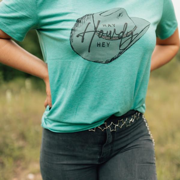 2 Fly Hey Howdy Rhinestone Short Sleeve Top, Teal