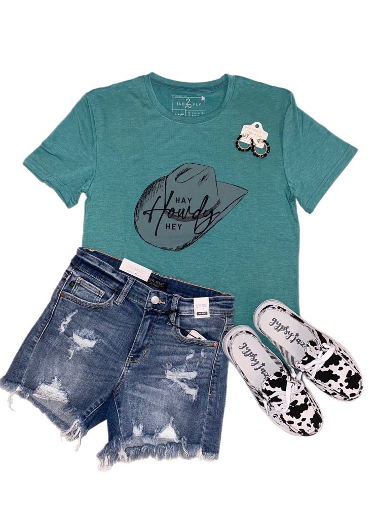 2 Fly Hey Howdy Rhinestone Short Sleeve Top, Teal