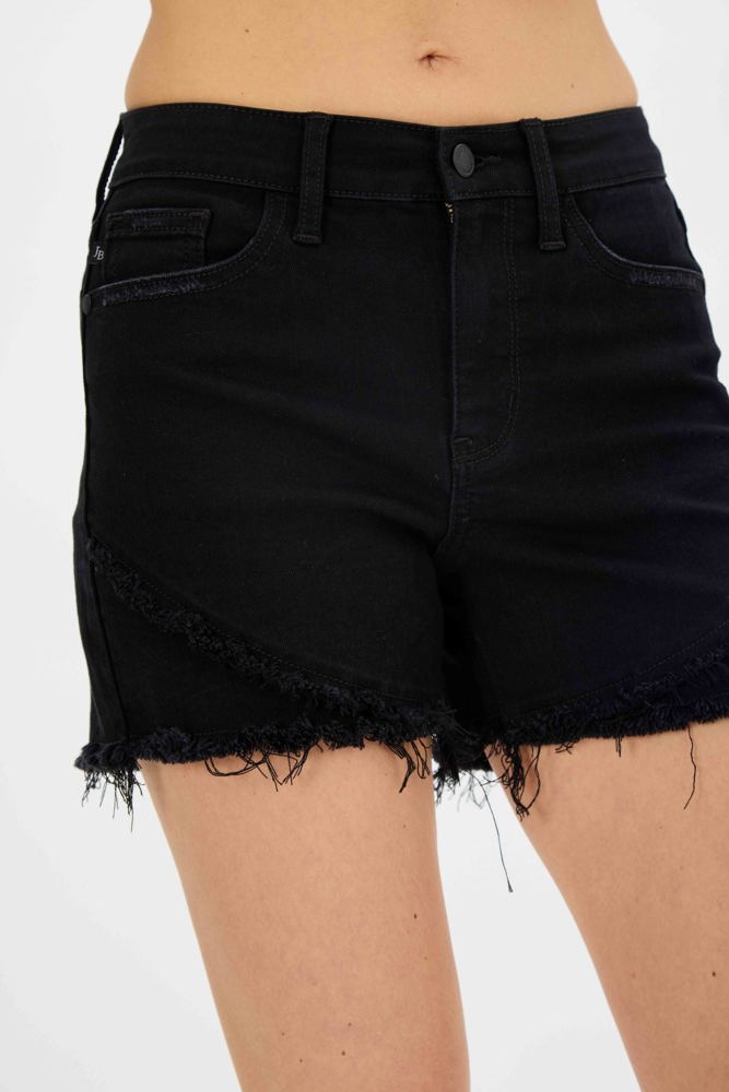 Judy Blue Mid Rise Fray Tulip Hem Black Denim Short 15265