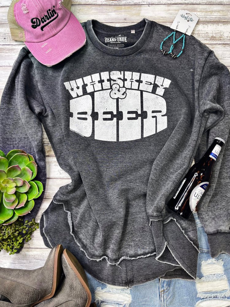 Texas True Threads "Beer & Whiskey" Sweatshirt, Gray