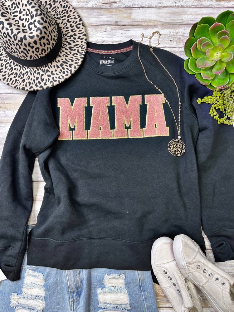 Texas True Threads "Mama" Chenille Applique Sweatshirt, Charcoal