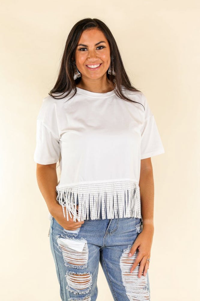 Southern Grace Here for the Show Studded Fringe Crop Short Sleeve Crewneck Top, White