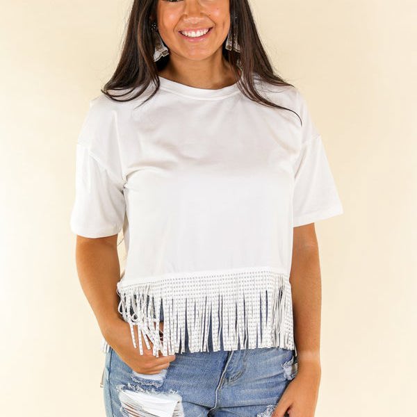 Southern Grace Here for the Show Studded Fringe Crop Short Sleeve Crewneck Top, White