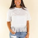  Southern Grace Here for the Show Studded Fringe Crop Short Sleeve Crewneck Top, White